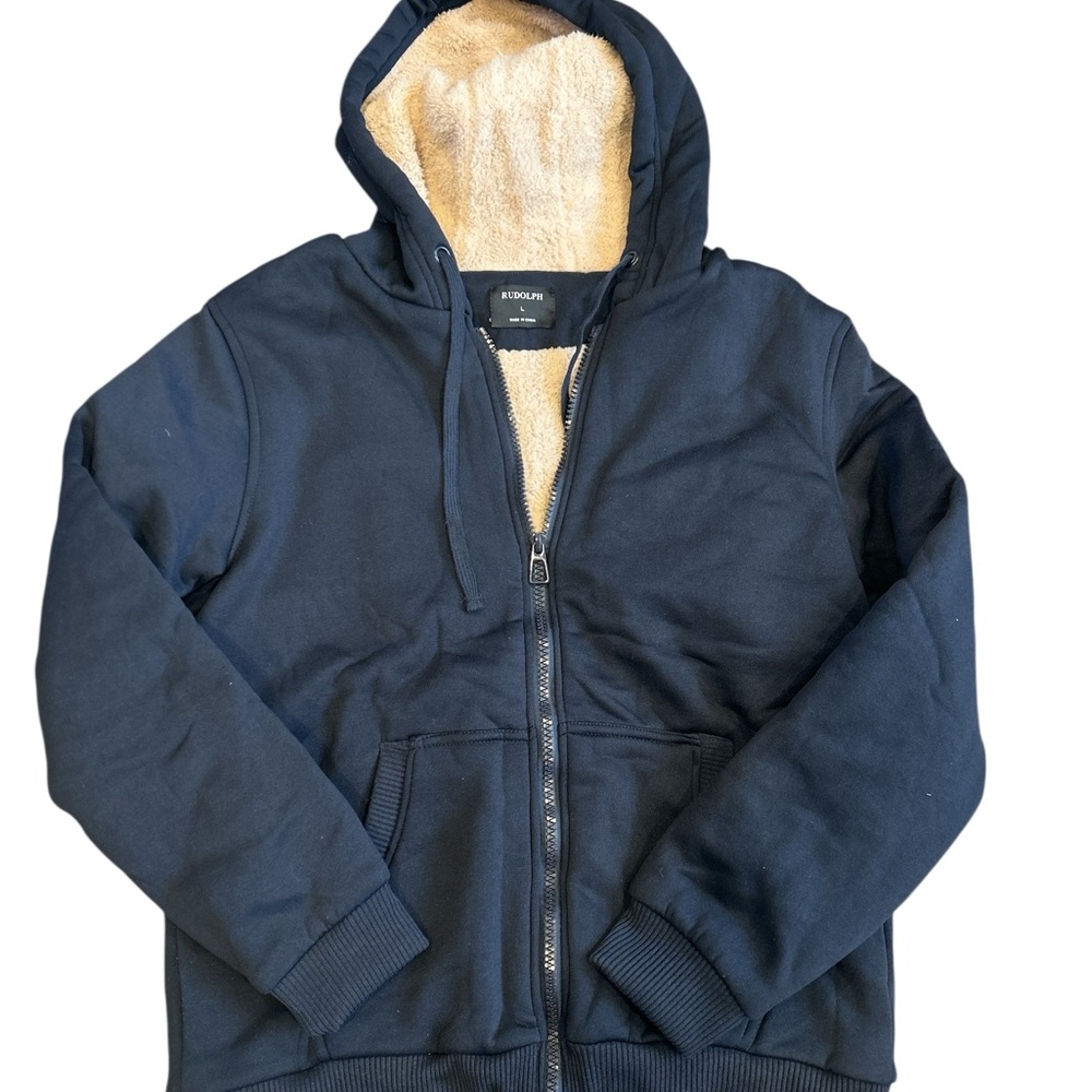 Rudolph Navy Blue Zip-Up Hoodie with Tan Lining NWOT Large